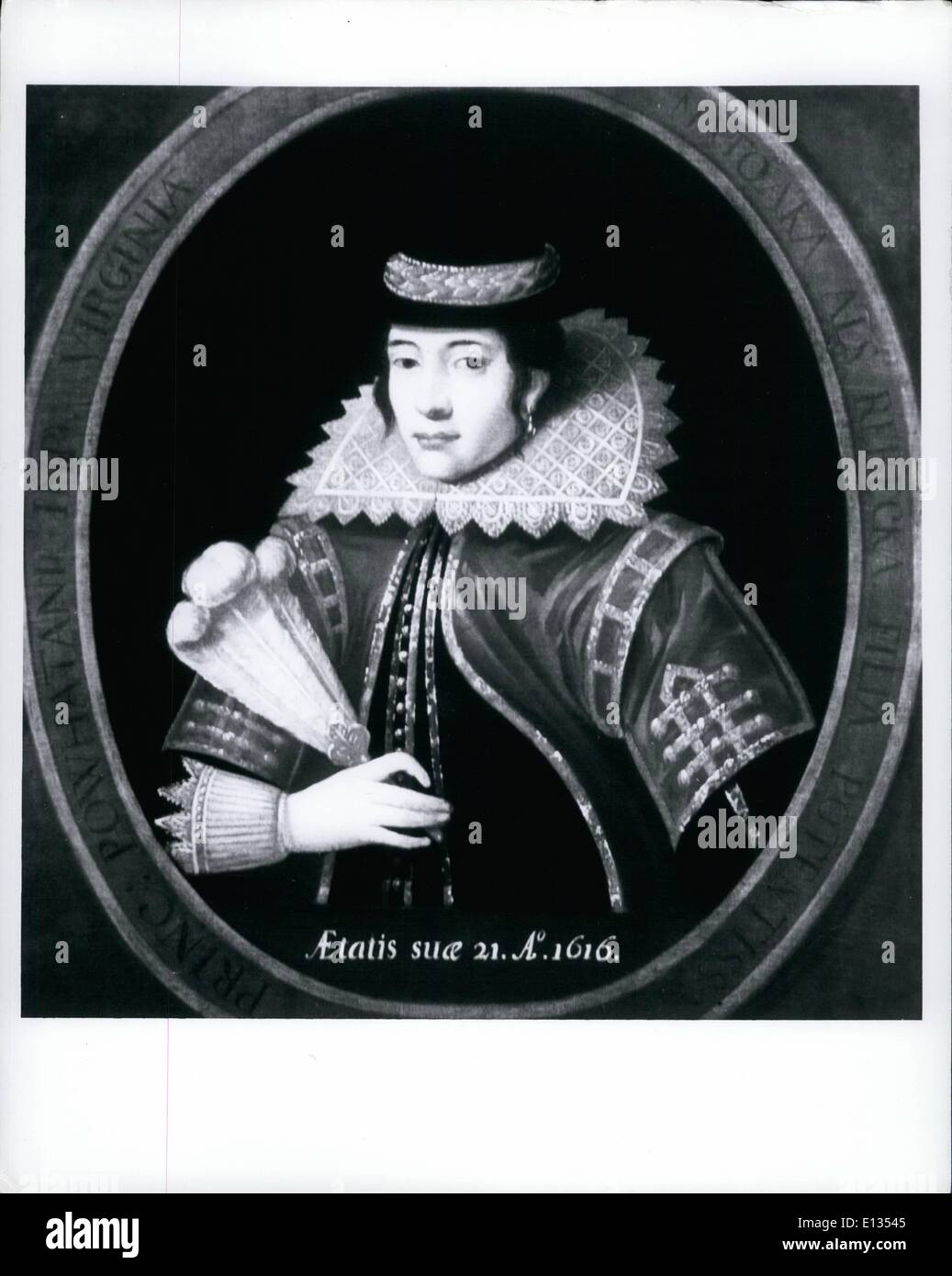 Feb. 26, 2012 - Pocahontas, painted by unknown artist in 1616 when the American Indian Princess was presented at British Royal Palace. Stock Photo