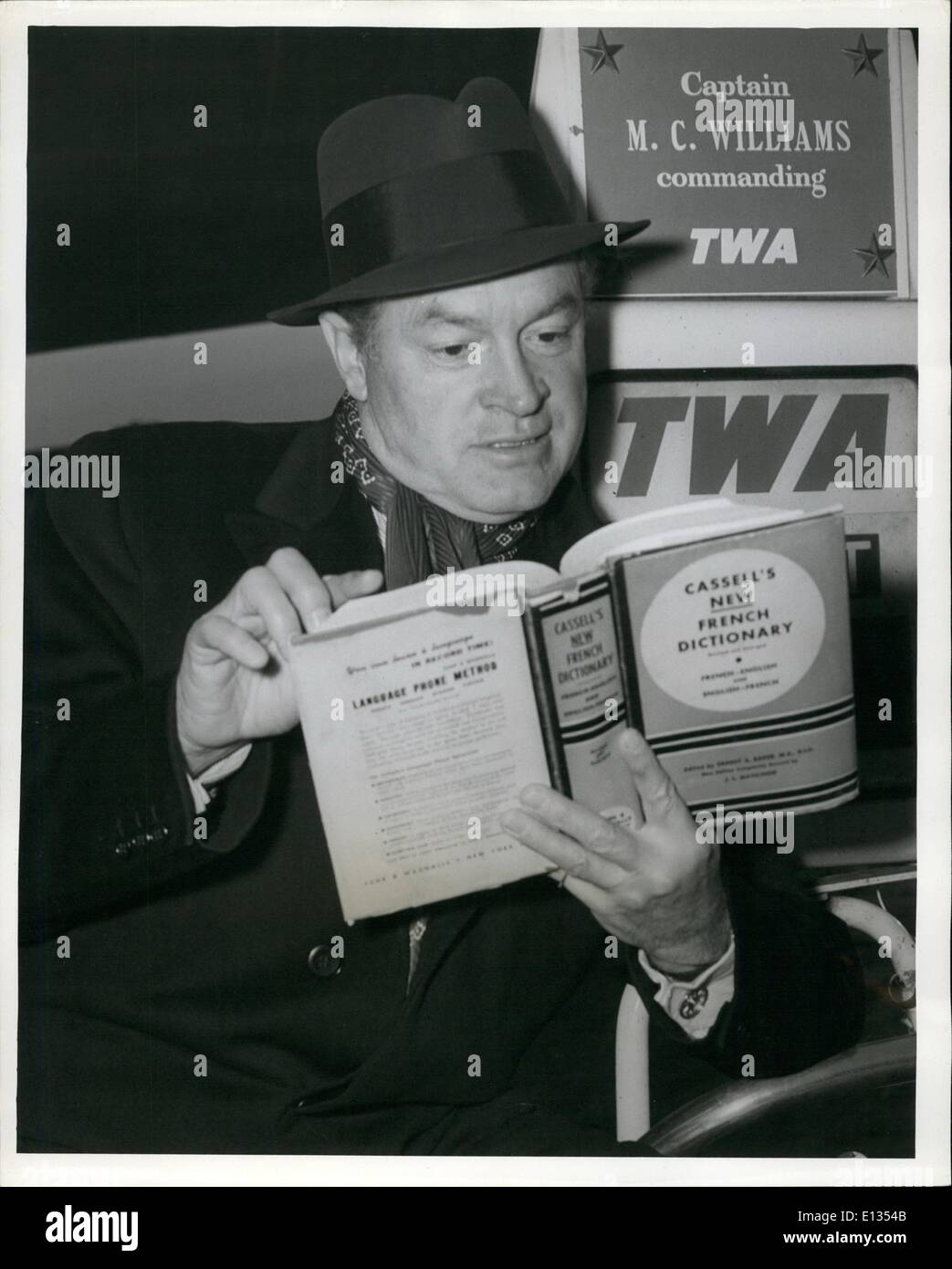 Feb. 26, 2012 - Comic Bob Hope arrived in Town aboard a TWA non-stop Jetstream Flight from Los Angeles. He's here for a few days to do promotional work on his forthcoming united artist's release ''Paris Holiday. Stock Photo