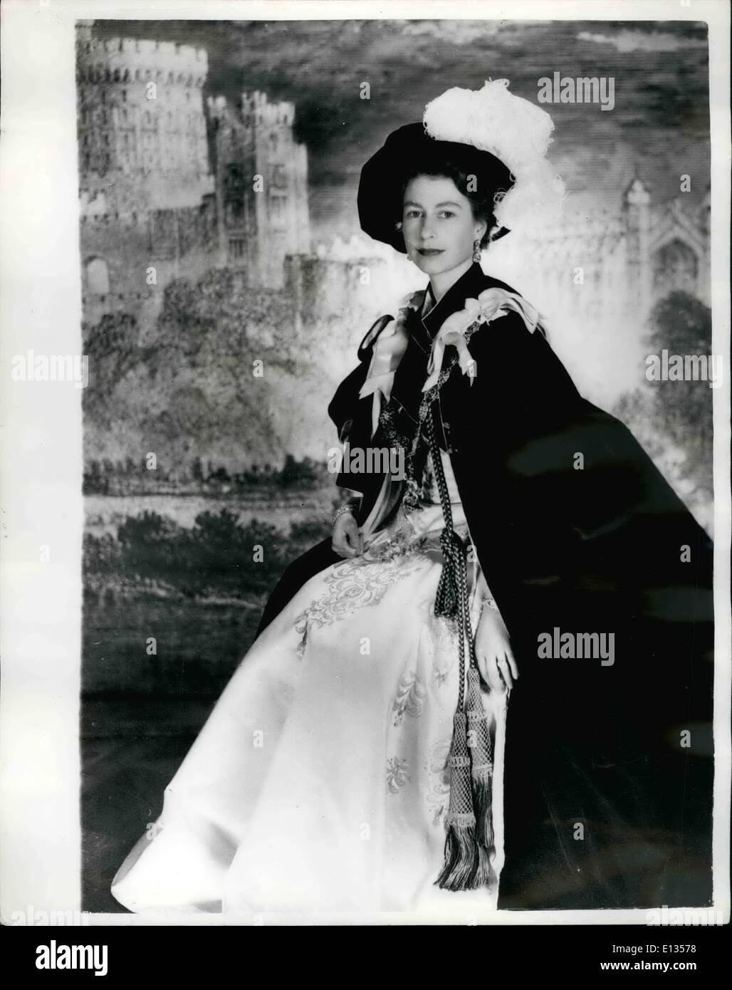 Feb. 28, 2012 - Garter Sovereign; This Photo of Queen Elizabeth was made by Cecil Beaton at Buckingham Palace especially in connection with the Garter Ceremony to be held at St. George Chapel, Windsor Castle June 18. At the Ceremony, Sir Anthony Eden, Earl Attlee and the Earl of Iveach are to be invested. This will bring the membership of Britain's most exalted Oder of Chivalry to 25 and no one else can be accepted until the Death of one of the present holders. the Queen is shown in habit and ensigns of the order, of which she is sovereign Stock Photo