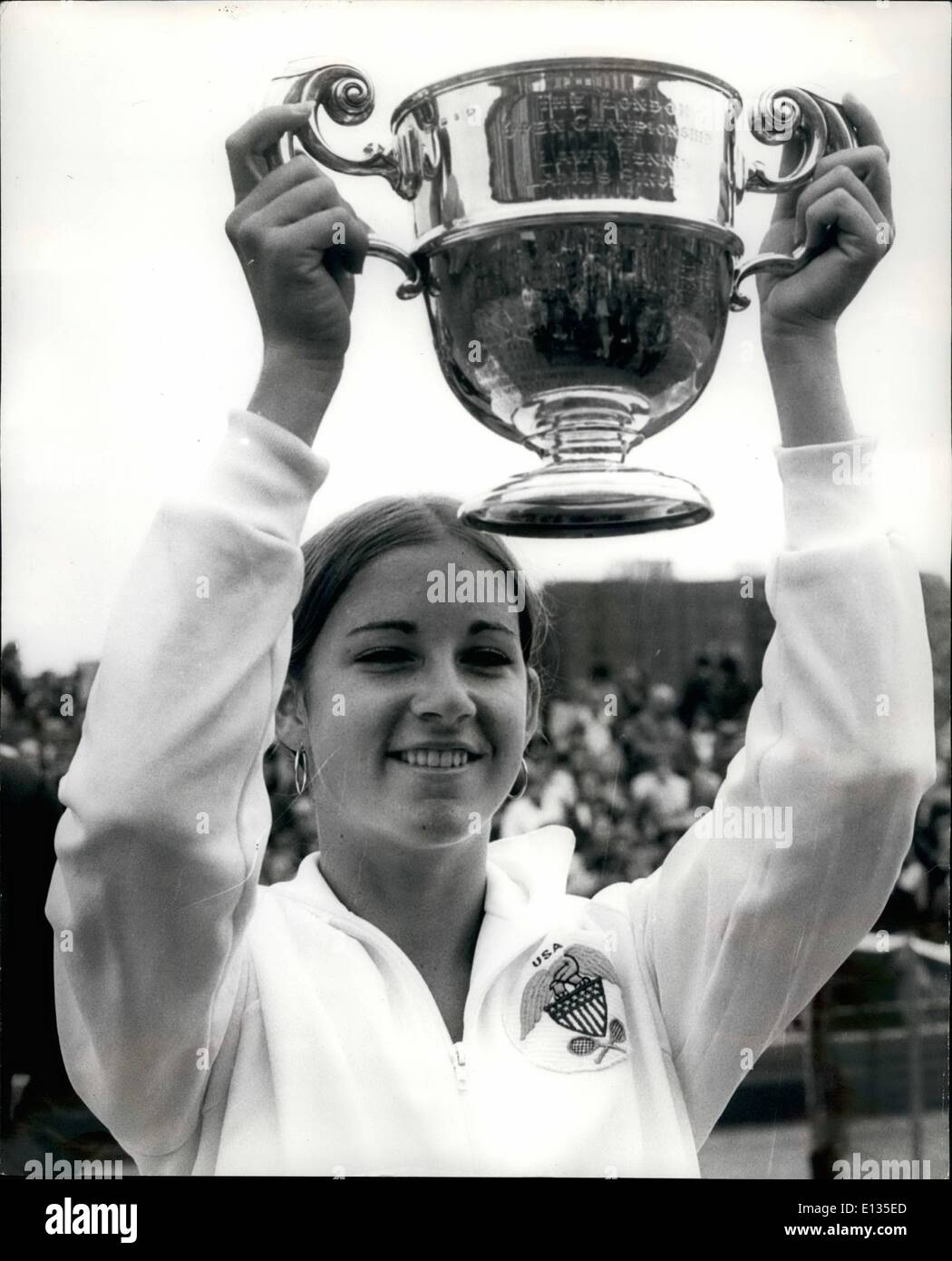 Feb. 28, 2012 - CHRIS EVERT (USA) WINS THE WOMEN'S SINGLES TITLE IN THE ROTHMANS LONDON GRASS COURT CHAMPIONSHIPS CHRIS EVERT (USA), the American wonder tennis star won the Womens Singles final when she beat MISS K. KRANTZCKE of Australia in the Rothmans London Grass Court Championships at Queen's Club, Kensington, today, PHOTO SHOWS:- MISS CHRIS EVERT pictured with her trophy after she had won the women's singles title today, Stock Photo