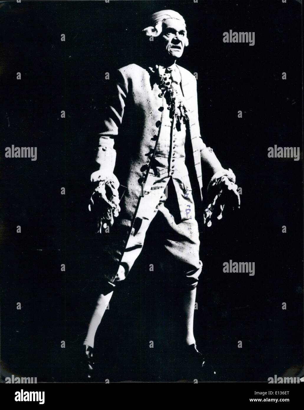 Feb. 28, 2012 - January 1980 Paul Scofield in Amadeus at the Olivier Theatre. The National Theatre production of Peter Shaffer's new play Amadeus at the Olivier Theatre, South Bank, London. Directed by Peter Hall with design and lighting by John Bury, music by Mozart and Salieri. Photo Shows: Paul Scofield who takes the part of Antonio Salieri in the play. Stock Photo