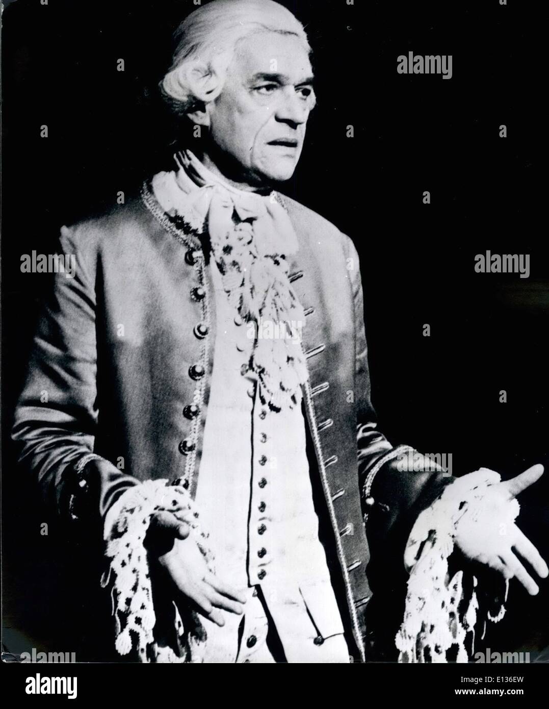 Feb. 28, 2012 - January 1980 Paul Scofield in Amadeus at the Olivier Theatre. The National Theatre production of Peter Shaffer's new play Amadeus at the Olivier Theatre, South Bank, London. Directed by Peter Hall with design and lighting by John Bury, music by Mozart and Salieri. Photo Shows: Paul Scofield who takes the part of Antonio Salieri in the play. Stock Photo