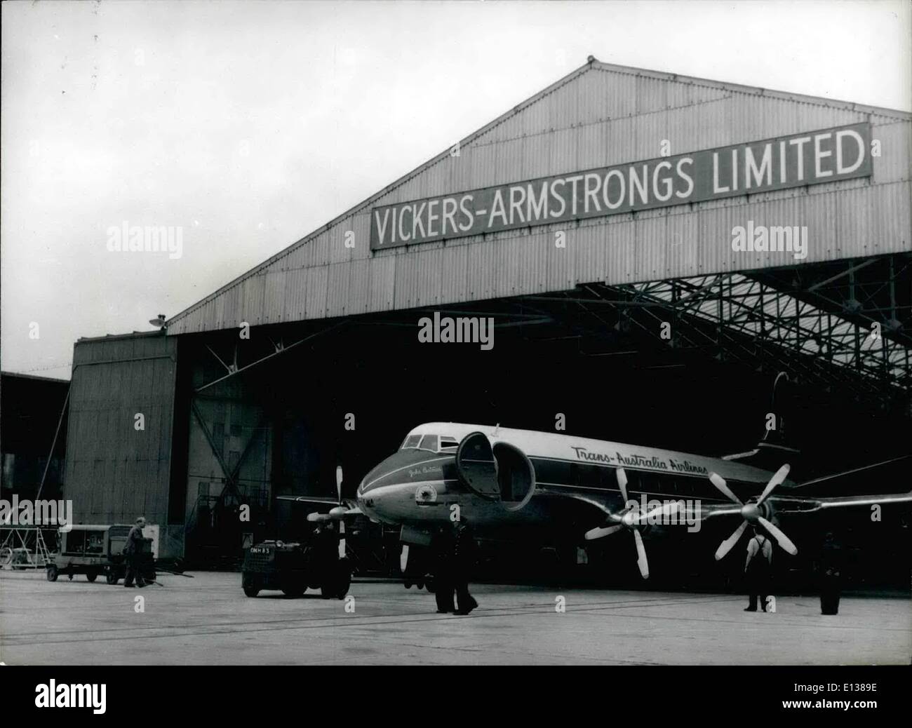 Feb. 29, 2012 - Producing The Vickers Viscount: Australia wants Viscounts  too, and here is one of the first of five Trans-Australia-Airlines  Viscounts leading its hangar at Hurn, Hampshire for engine tests