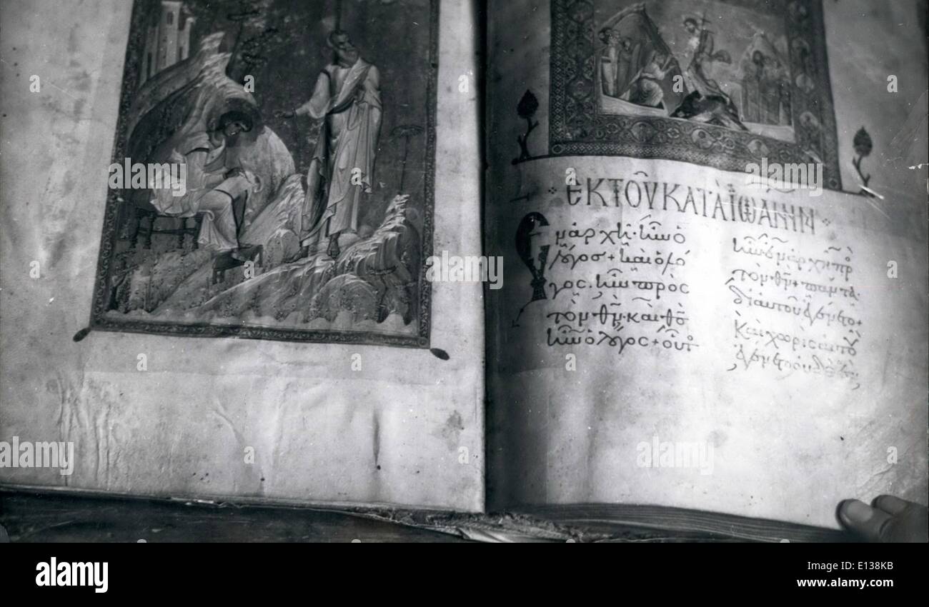 Feb. 29, 2012 - ATHOS - MONASTERY REPUBLIC: The Holy Mountain boasts some of the oldest manuscripts in existence. This is an 11th Century Greek minuscule, measuring 39 x 29 cms. and illustrated with 96 exquisite gospel scenes. It is the proud possession of Dionysiou Monastery. Stock Photo