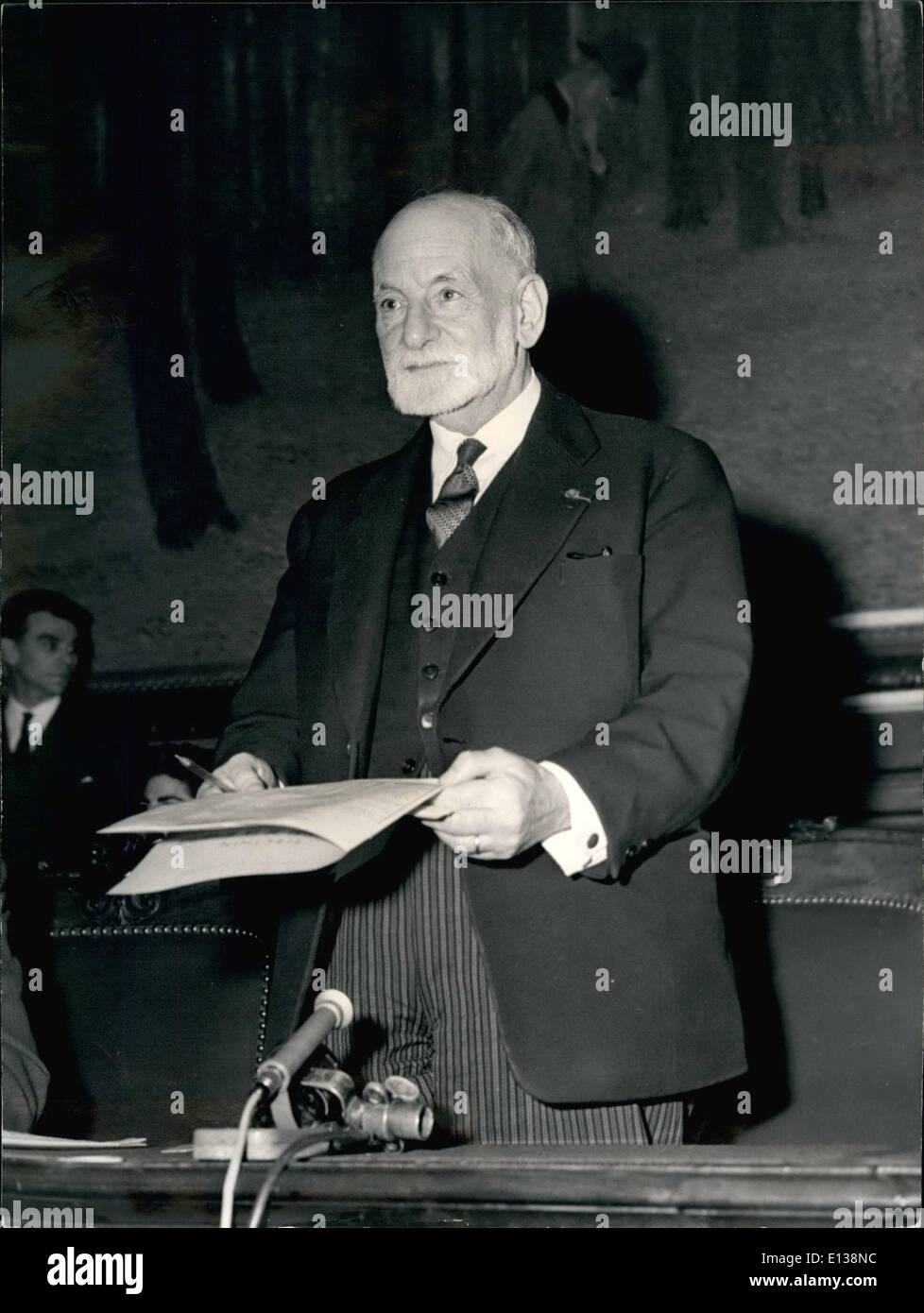 Feb. 29, 2012 - General De Gaulle elected president of the fifth republic. Photo shows M. Rene Cassin, Vice - president of the state counsel giving the official result. Stock Photo