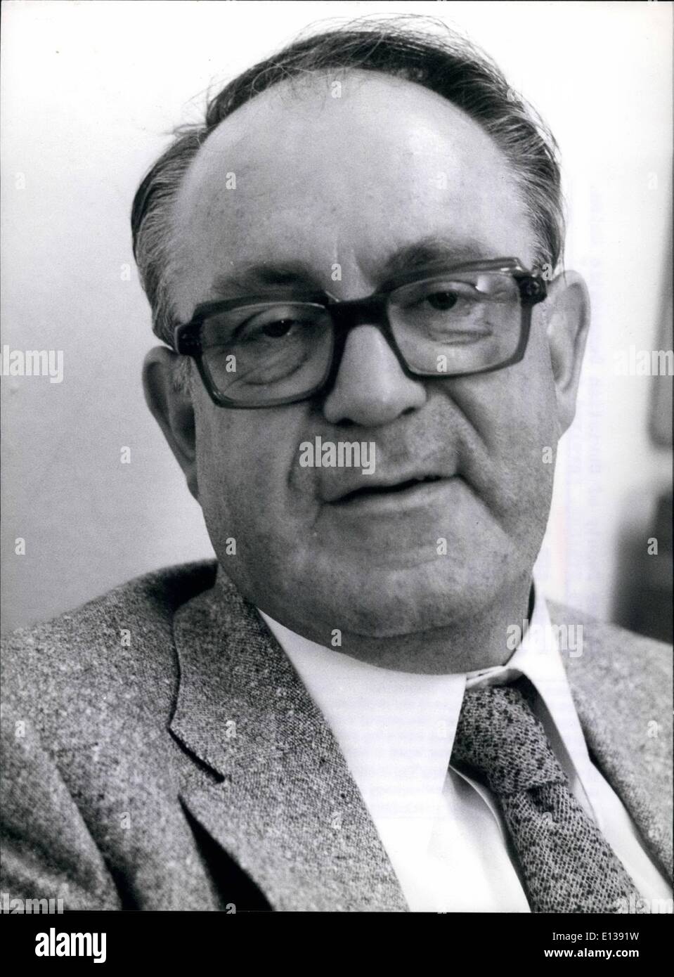 Feb. 29, 2012 - Former Deputy Of Christian Democratic Union, Julius Steiner, Involved in scandal?: Former CDU deputy, Julius Steiner (photo), is admitting to several agencies of W. Germany to have abstained in the vote of no-conference in April 1972, opposition leader Brazel's attempt to take over Brant's place as chancellor - which mean rt voting against Barzel. Steiner strongly denies to have been birded. As to his collaborating with counter-intelligence of the Democratic Republic of Germany,m Steiner Declared that the Dept. for Internal Security had been informed accordingly Stock Photo