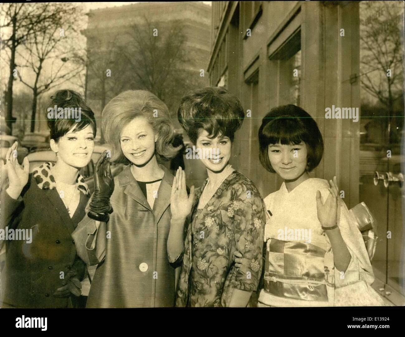 Feb. 29, 2012 - Un ''Misses'' in Paris.: After the first ''Miss Uno'' election held in Palma De MAjorca ''Miss uno'' and her ladies in waiting are spending a few days in Paris. Photo shows L.to R. Sabing Surget (Miss France, 1st Lady in waiting) Monica Ragby (Swedish Miss Uno, 20), Gudrun Bjarnadottir (Miss Islande) and Chie Murakami (Miss Japan) Stock Photo