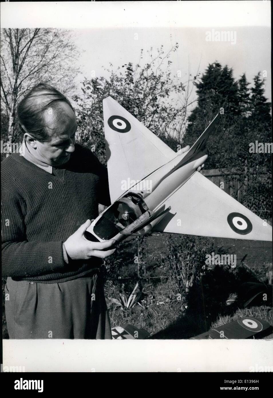 Feb. 29, 2012 - An Art Master Who ''Commands'' His Self-Made Air Force: A perfect, flying, model of a Delta wing Boulton Paul III ducted fan driven fighter in the hands of its maker, Mr. Edward Norman, art master at Maidstone, who lives at Banstead Surrey. It is one of a fleet of 60 scale models of fighter planes of every type flown by the Air Force down the years from the first world war. Stock Photo