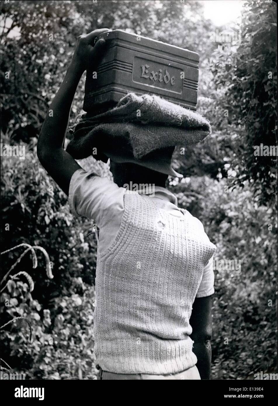 Feb. 29, 2012 - Big game hunters who go on safari these days take the comforts of civilization wit: them. This African boy carries an Exide battery on his head which will provide electricity at night. Stock Photo