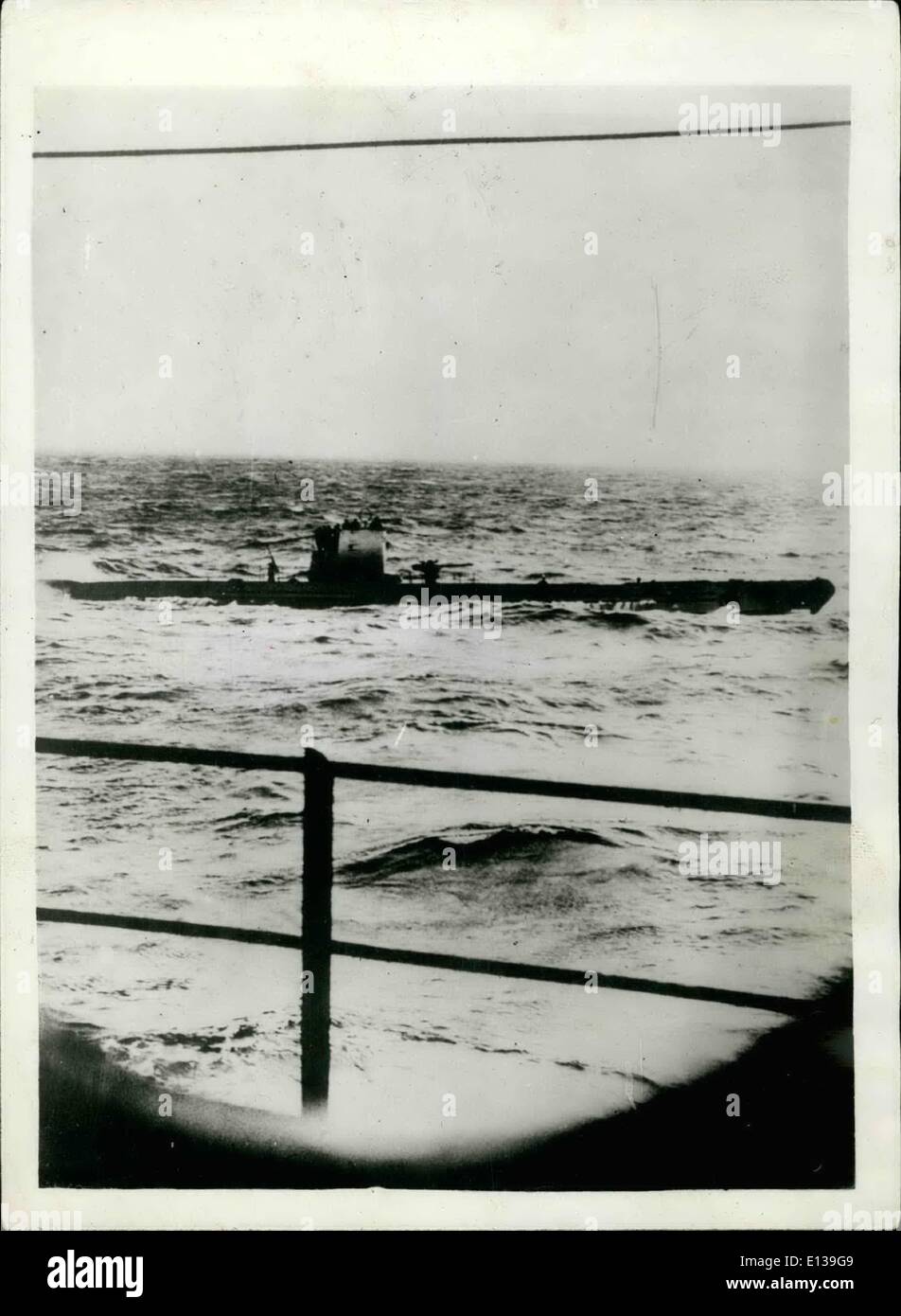 Feb. 29, 2012 - A German U-Boat about a ship's length from the U.S. freighter Waccsta, the first U.S. Ship to tbe stopped by a U-Boat somewhere in the Atlantic. The U-Boat fired at a shell across the bow of the ship. The ship lowered a lifeboat and took the Captain on board for a search. Stock Photo