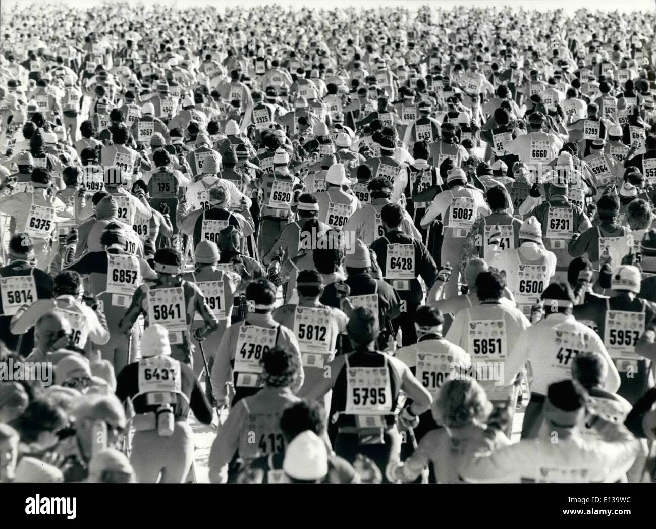 Feb. 29, 2012 - 11,000 at the Cross Country Skiing. At the 22nd Engadin Ski-Marathon for amateurs in the Grisons participated about 11,000 runners. Our picture shows the crowd shortly after the start. Keystone Press Zurich 12.3.90 Stock Photo