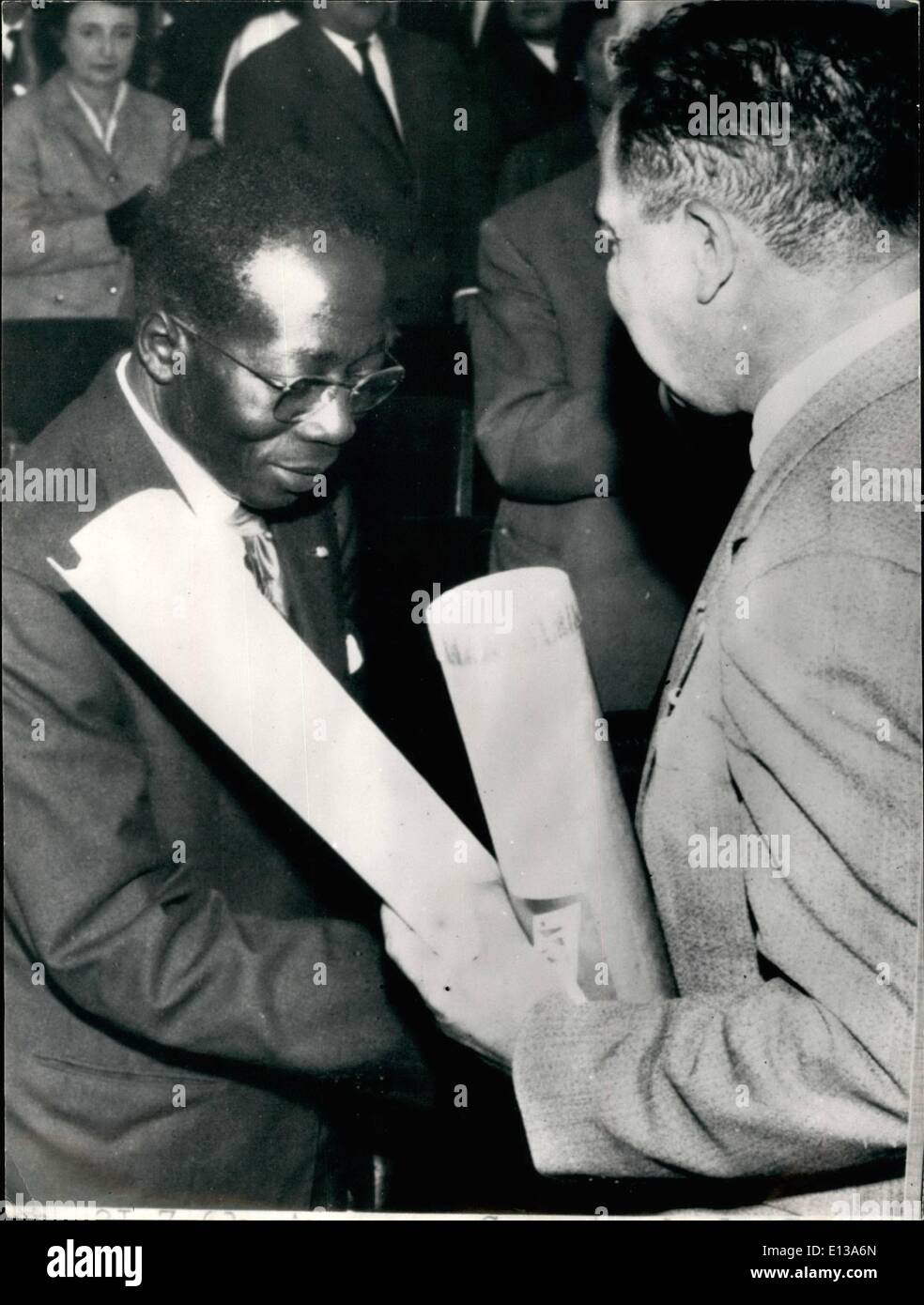 Feb. 29, 2012 - The President of the Republic of Senegal, Leopold Senghor won the International Grand Prize of Poetry, which was awarded to him for his poems published under the title ''Nocturnes'' Photo shows President Senghor receiving the diploma at the 5th National Congress of the Association of Poets and Artists of France held at Rouen. Stock Photo