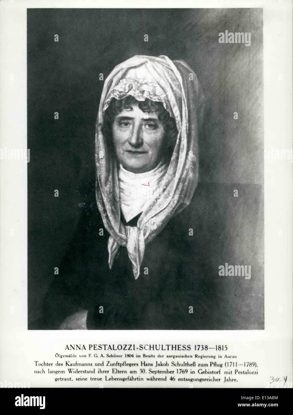 Feb. 29, 2012 - Anna Pestalozzi-Schulthess(1738-1815) was the daughter of Hans Jakob Schulthe&szlig; zum Pflug (1711-1789), and Stock Photo