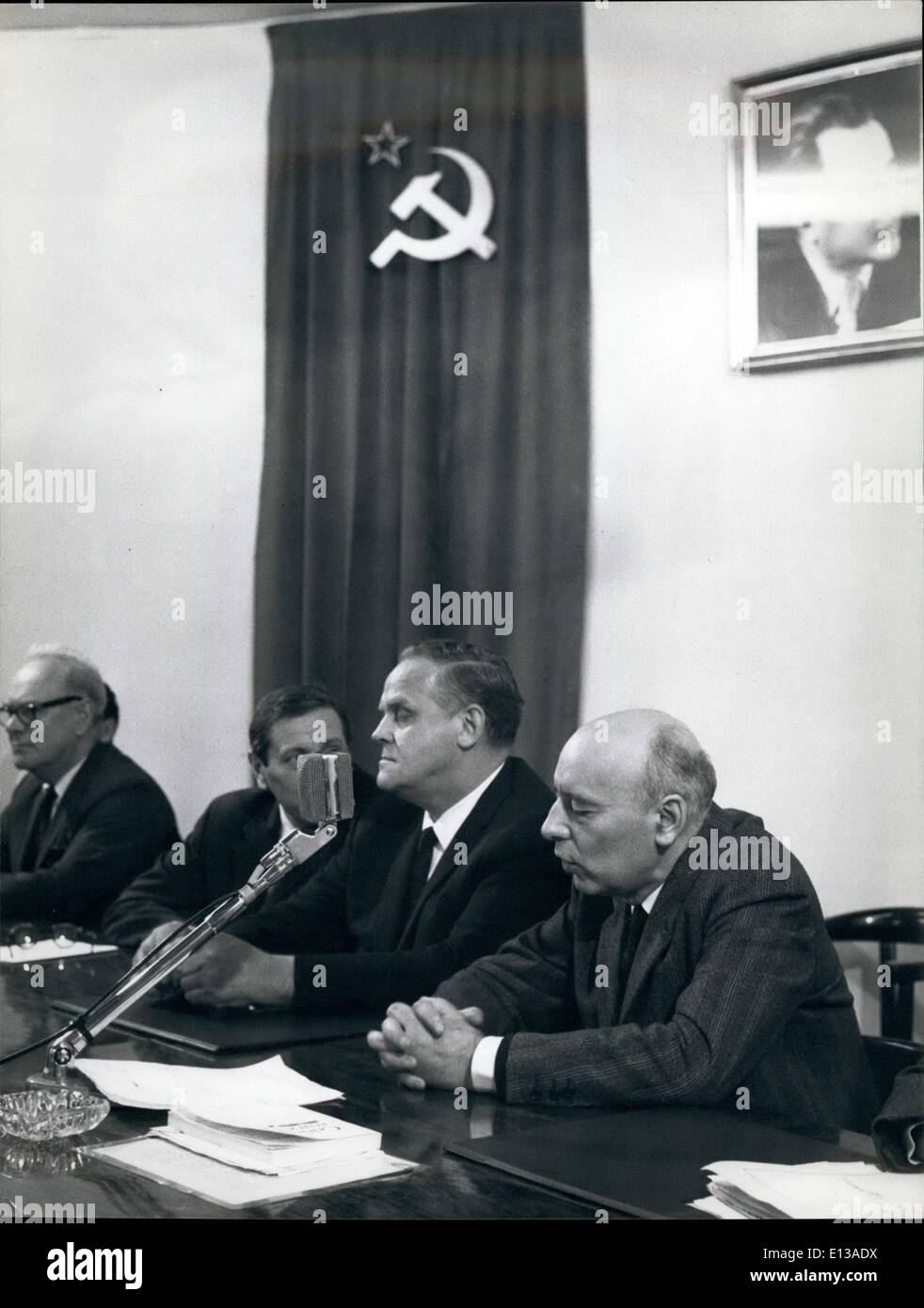 Feb. 29, 2012 - American Communist Chief in Rome: Gus Hall, leader of the US Communist Party sat in the headquarters of the Italian Communist Party today and denounced the American government as an aggressor in Vietnam. Photo Shows from right Giancarlo Pajetta, Gus Hall and an interpreter and Arnold Johnson. Stock Photo