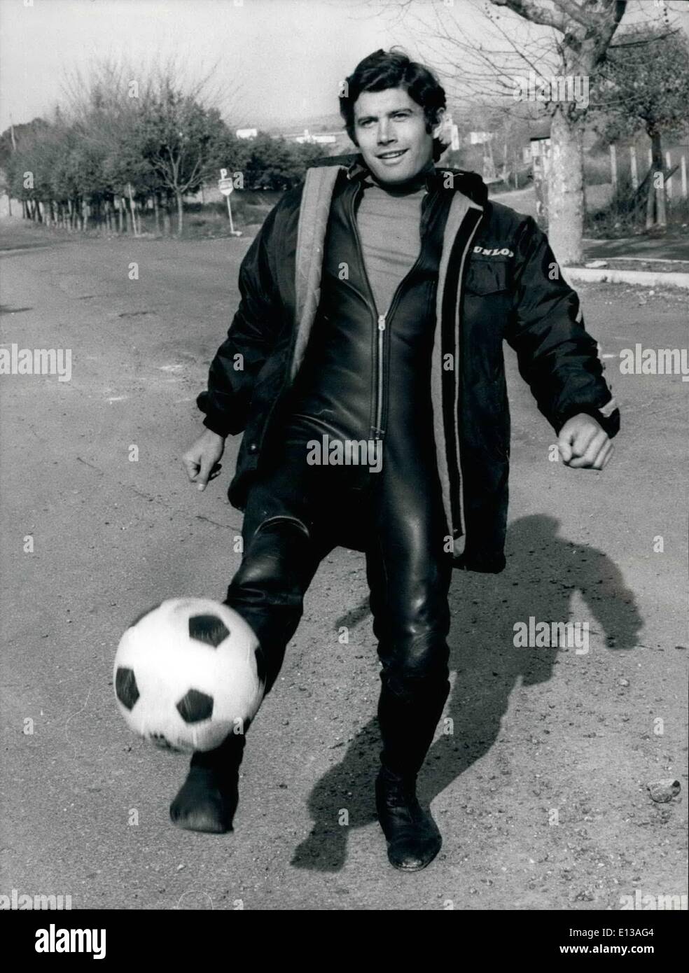 Feb. 29, 2012 - The Well known world champion of motor-cycling Giacomo AGOSTINI, 27, is trying at Rome autodrome of Vallelungs the new prototype of the 500 cc MV Augusts, THE FIRM THAT aGESTINI DRIVE DURING THE YEAR. Stock Photo