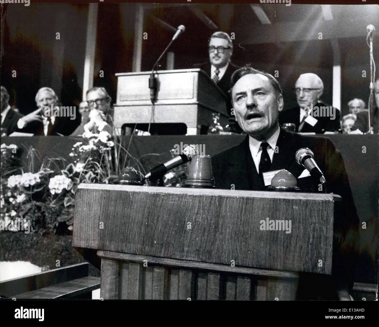 Feb. 29, 2012 - ,October 13th, 1972 The Conservative Party Conference at Blackpool. Enoch Powell looses the ballot on Asians. Photo Shows: Mr. Enoch Powell speaking at the conference on Mr. Heath's policy of admitting Uganda Asians. Mr. Heath can be seen in background left with hand to face. Stock Photo