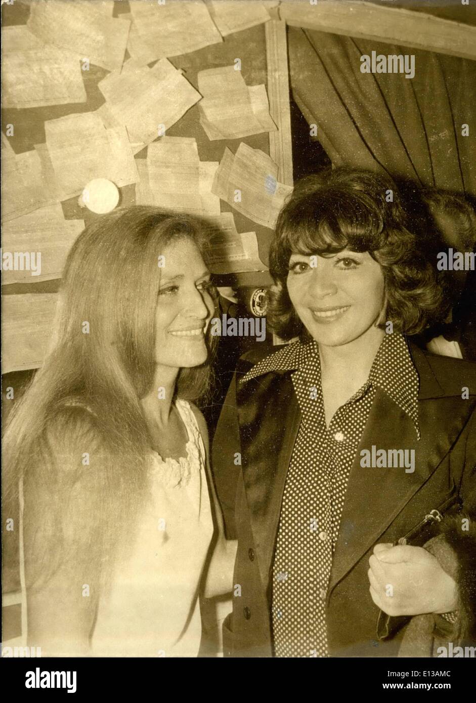 Feb. 29, 2012 - Dalida in Olympia come back; Dalida, the famous French Singer of Italian origin, made a successful comeback at the Olympia Theater last night. Photo Shows Dalida (left) seen with Juliette Greco who attended the show. Stock Photo