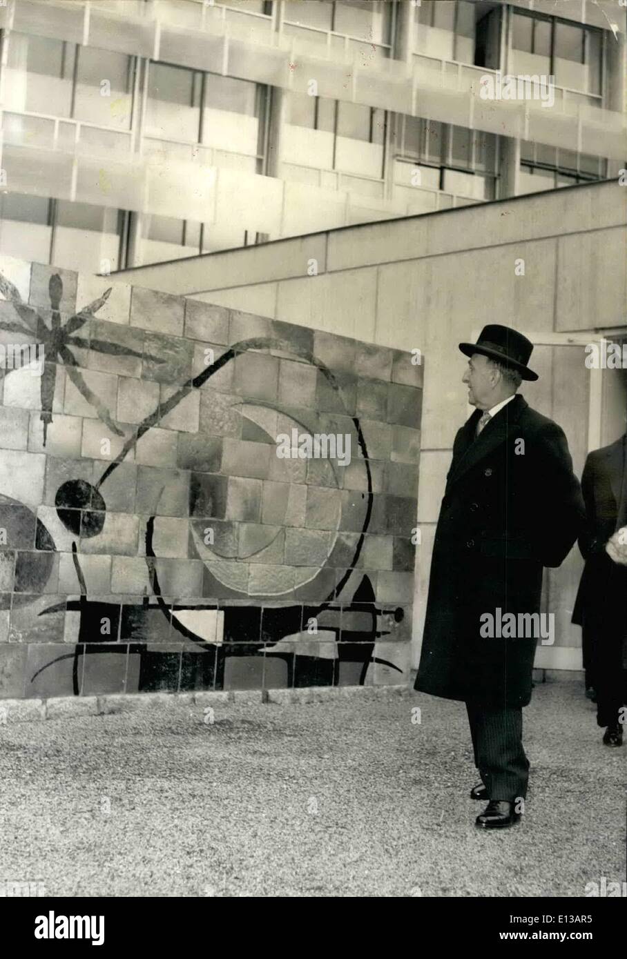 Feb. 29, 2012 - M. Prado visits U.N.E.S.C.O. Building. Mr. Manuel Prado, President of the Peruvian Republic visited this afternoon the UNESCO buildings in Paris. OPS: Mr. Prado looking to a ceramic wall in the famous building. Stock Photo