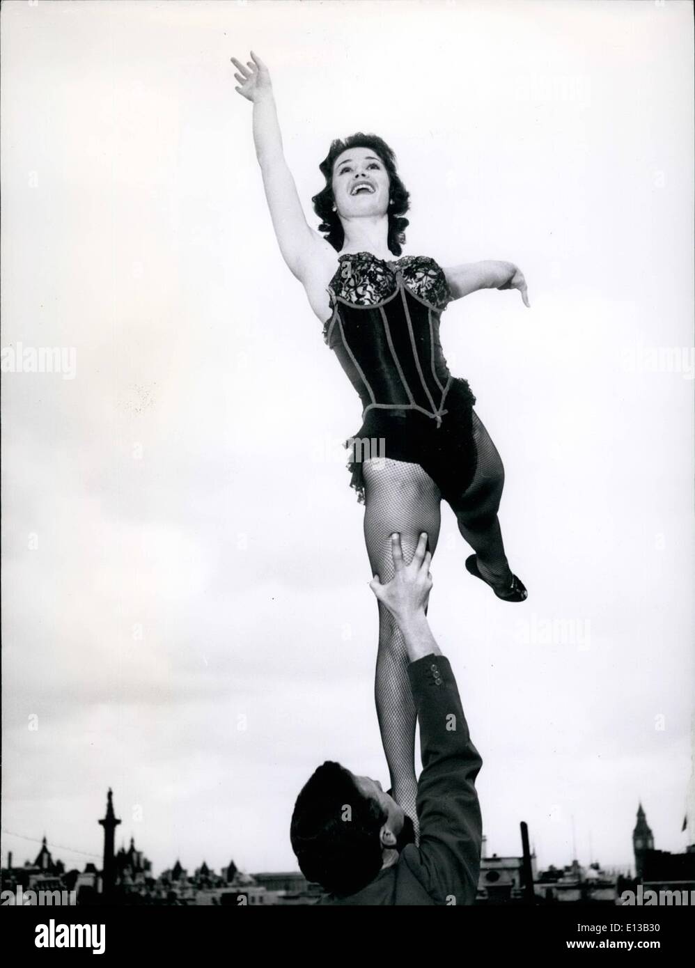 Feb. 29, 2012 - Higher than both Big Ben and Nelson's Column is Marian Morris as she rehearses on the roof of the Palladium. Stock Photo