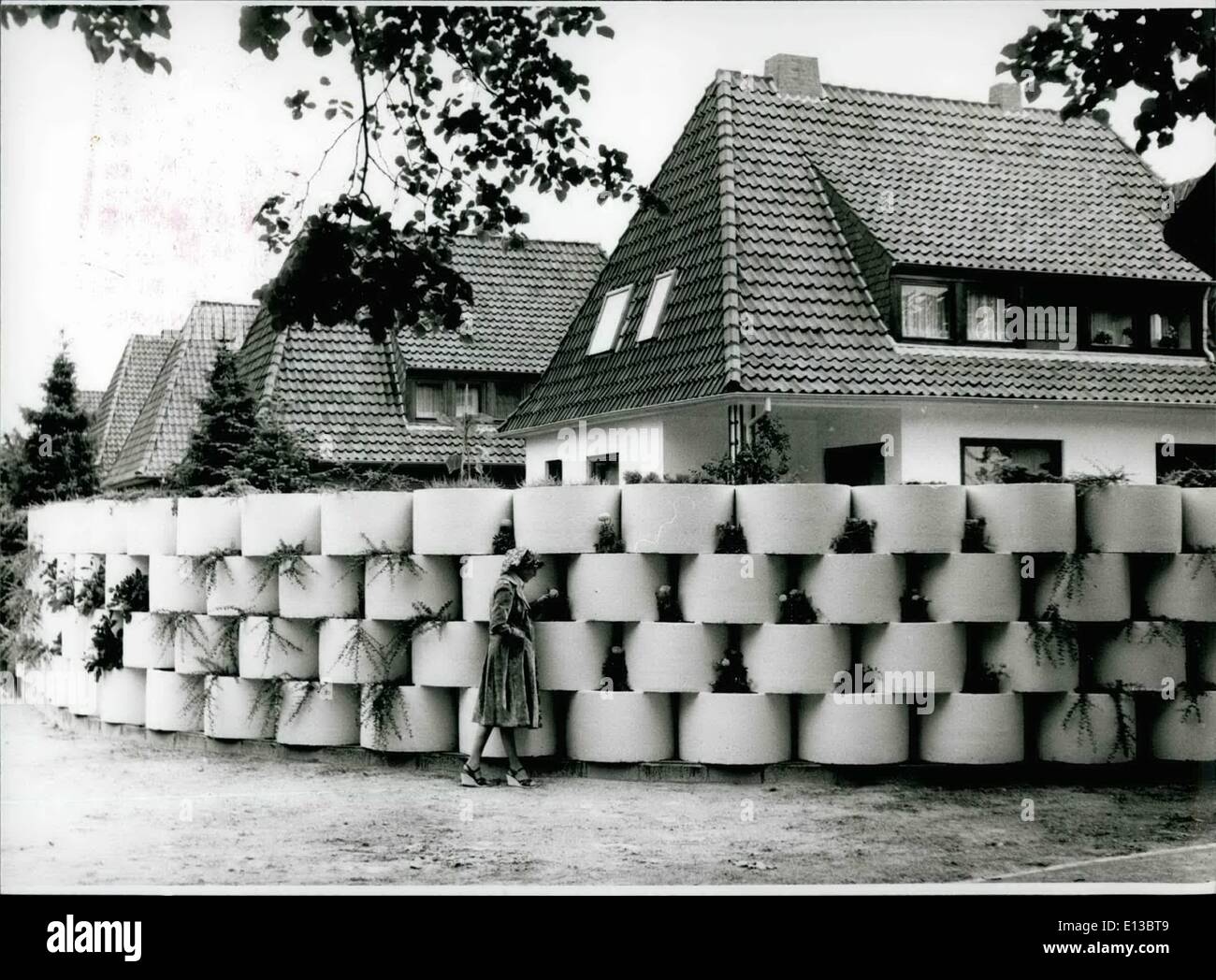 Feb. 29, 2012 - THE USEFUL CONNECT WITH THE PLEASANT.... ...did a neighbour of a strong frequented highway in Bremen-Babenhauseben/West-Germany. In his sleepless nights, caused by the traffic-noise, he had the idea to combine a sound-absorbing wall with an embellishing effect: Round pots made of concrete, painted in white and filled with mould got planted with flowers. Now it isn't only nice, also the noise from the street is tilt. The sound-absorbing wall is as nice that official offices had showed their interest in such an efficiency and pretty noice-protecting. Stock Photo