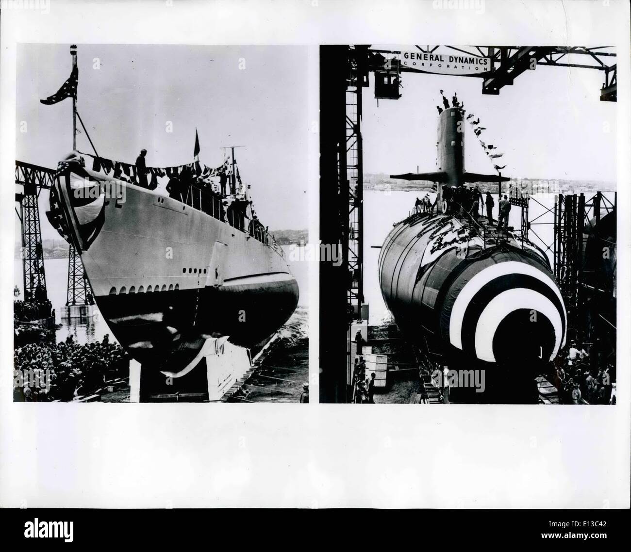Feb. 29, 2012 - What A Difference 25 Years Makes: Submarine style changes are exemplified in these historical undersea ships which were launched a quarter century apart at the Groton, Conn. shipyard of General Dynamics Corporation's Electric Boat Division, the nation's leading sub builder. At left is the US Cuttlefish, first sub built in Groton, shown going down the ways on November 21, 1993. The clipper-ship type bow of the Cuttlefish was conventional right through World War II and was necessary because diesel power made them only part-time submersibles Stock Photo