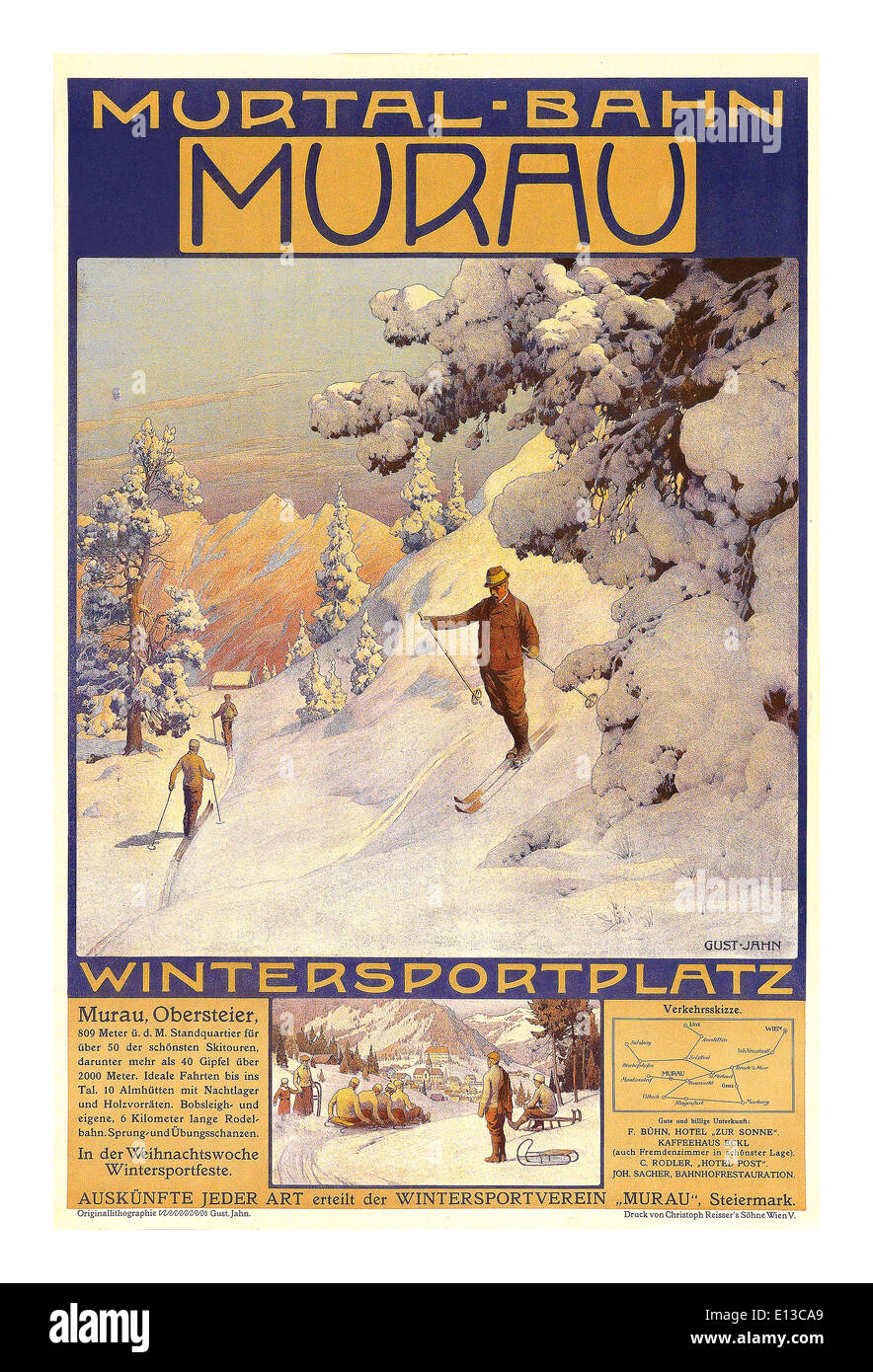 Vintage travel 1900's Advertising poster for the winter sports grounds Murtal-Bahn, Murau Stock Photo