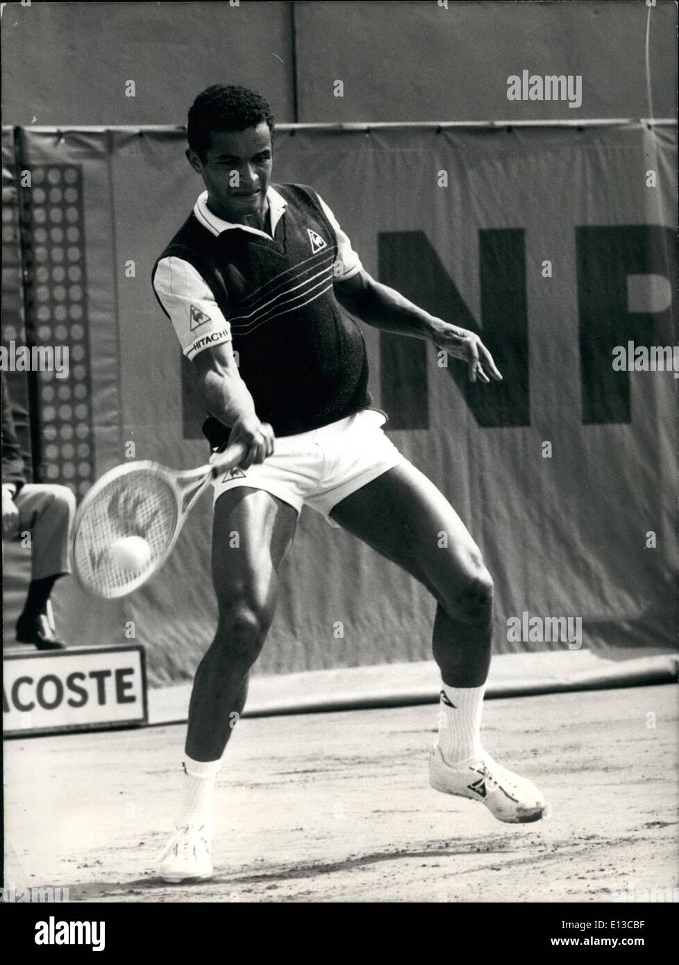 Feb. 29, 2012 - OPS/ French Tennisman Yannick Noah playing at Roland Garros Stadium today during the French open. He won M. Dickson in 5 sets. (US) Alain Delon and Joanna Shimkus Star in ''Les Aventuriers' Stock Photo