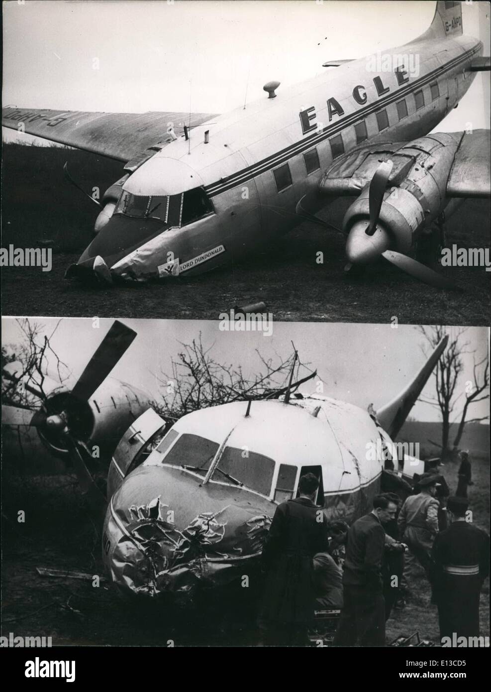 Feb. 29, 2012 - Aircrashes in Germany and sw on the airfield of fuerth ne aeroplane crashed in a field  accident was caused by ice  exept tow pigs, ''Members''  Jugoslavia . (upper picture)  appendix the pilot of the  chard, looks after the dama picture below saturday eve  crashed in for near airfield  was kille, seven passenger the skottish singer Margaret. Munich Picture Stock Photo