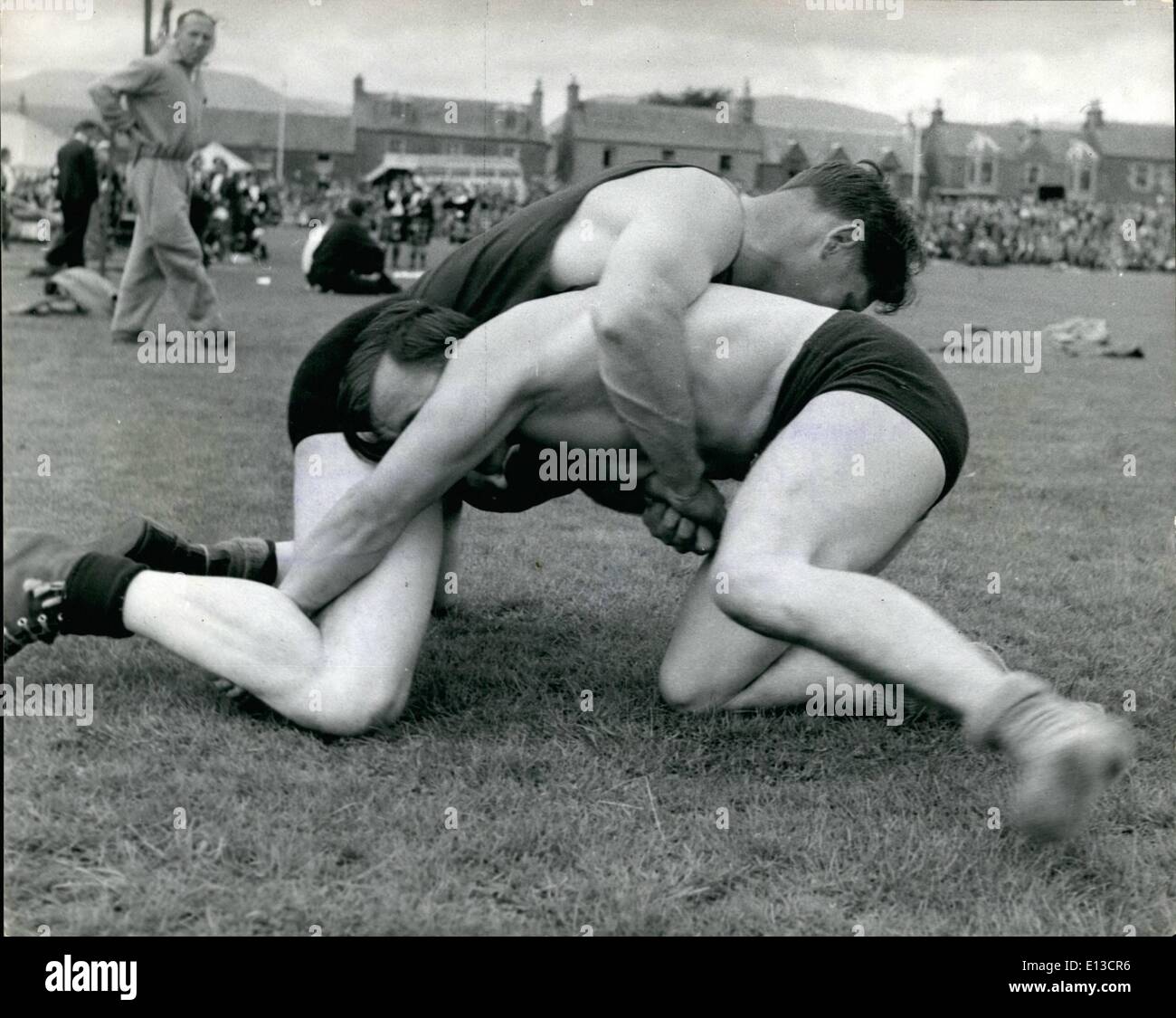Mar. 02, 2012 - Crieff Highland Gathering At Market Park, Crieff: Two brawny Scots get down to it during the Cumberland style Wrestling event. Stock Photo