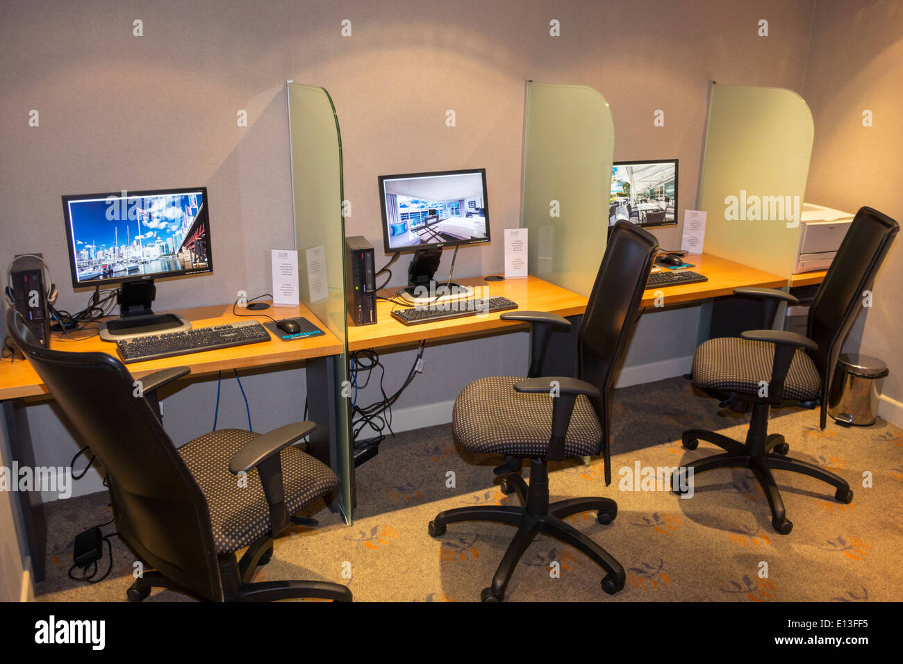 Sydney Australia,Sussex Street,Four Points by Sheraton,hotel,center,centre,Internet access,computer,monitors,screens,office swivel chairs,keyboards,AU Stock Photo