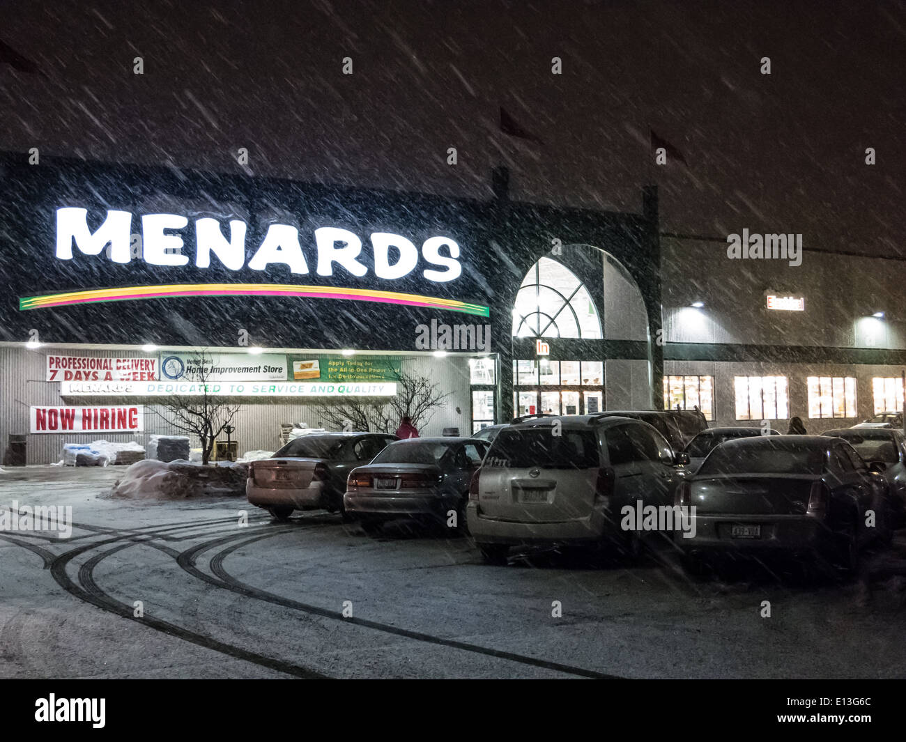 Menards Hardware store in Wisconsin during snow fall Stock Photo