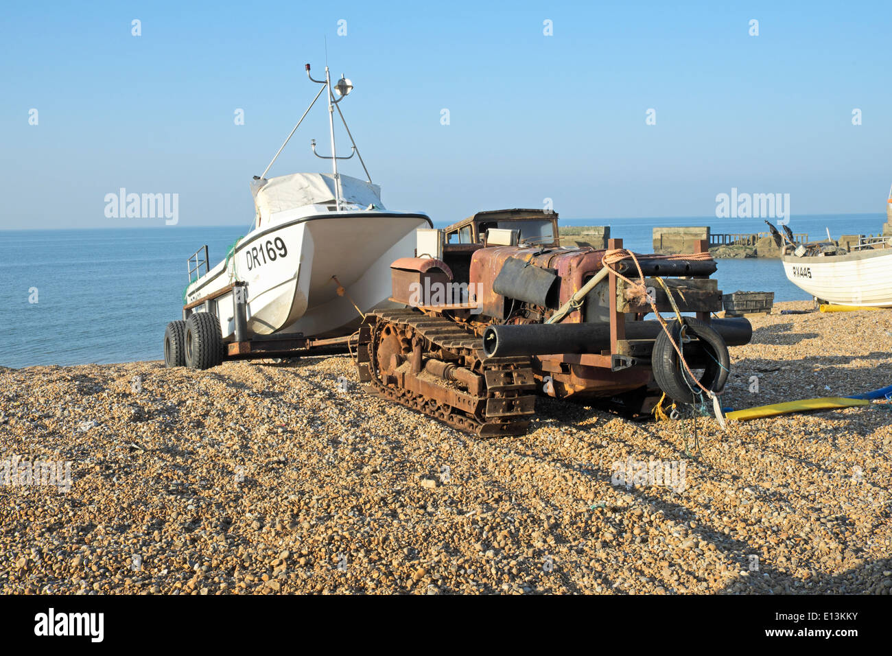 Old and new on Hastings beach UK Stock Photo