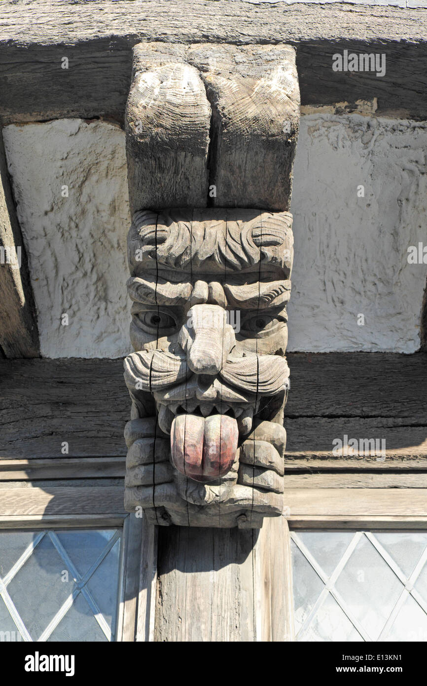 Grotesque wooden gargoyle timber support on the Old Courthouse Hastings England GB UK Stock Photo