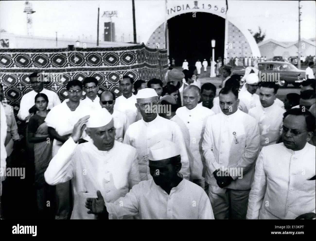 Mar. 02, 2012 - Mr. Nehru opens the India 1958 exhibition. Mr. Nehru seen touring the India 1958 exhibition opened which he in New Delhi this week, behind him (wearing Gandhi cap) is Mr. Desai the Indian Minister of Finance. Stock Photo
