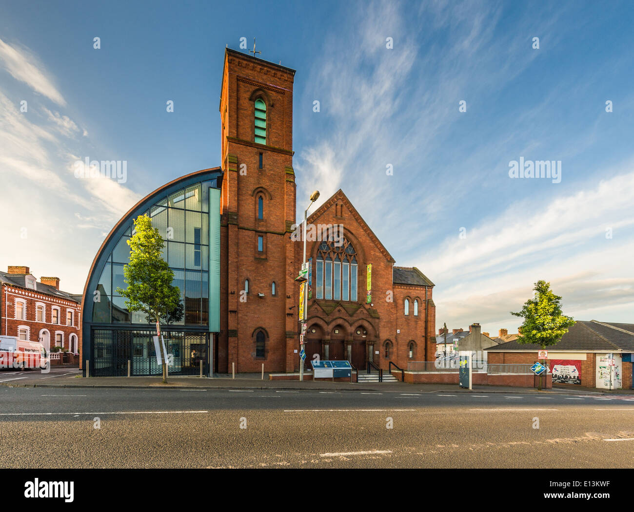 Culturlann, Falls Road, Belfast, a former Presbyterian Church which is now used to promote Irish culture. Stock Photo