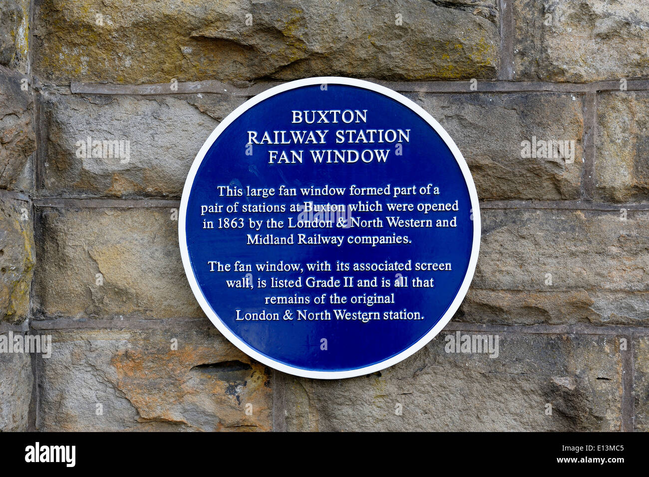 Buxton railway station fan window sign Derbyshire England UK Stock Photo