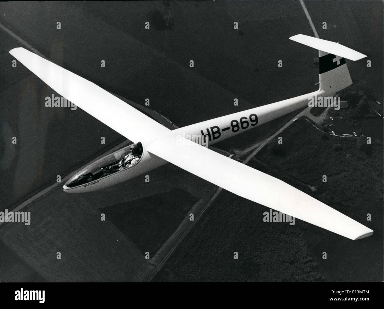 Mar. 22, 2012 - Switzerland pioneering in glider plane construction : The glider plane Diamant of the F.F.A. (Flug & Fahrzeugwerke Ag, Altenrhein) was originally planed to be a Pioneer project but during the first trials it was proven to be a real new high capacity plane in this field. Withing a few months the Diamant won first place and forth place in the alpine glider Championships, and second place in the Alpine glider championships in France. The Diamant also had three day victoires at the U.S. National Glider Championships Stock Photo