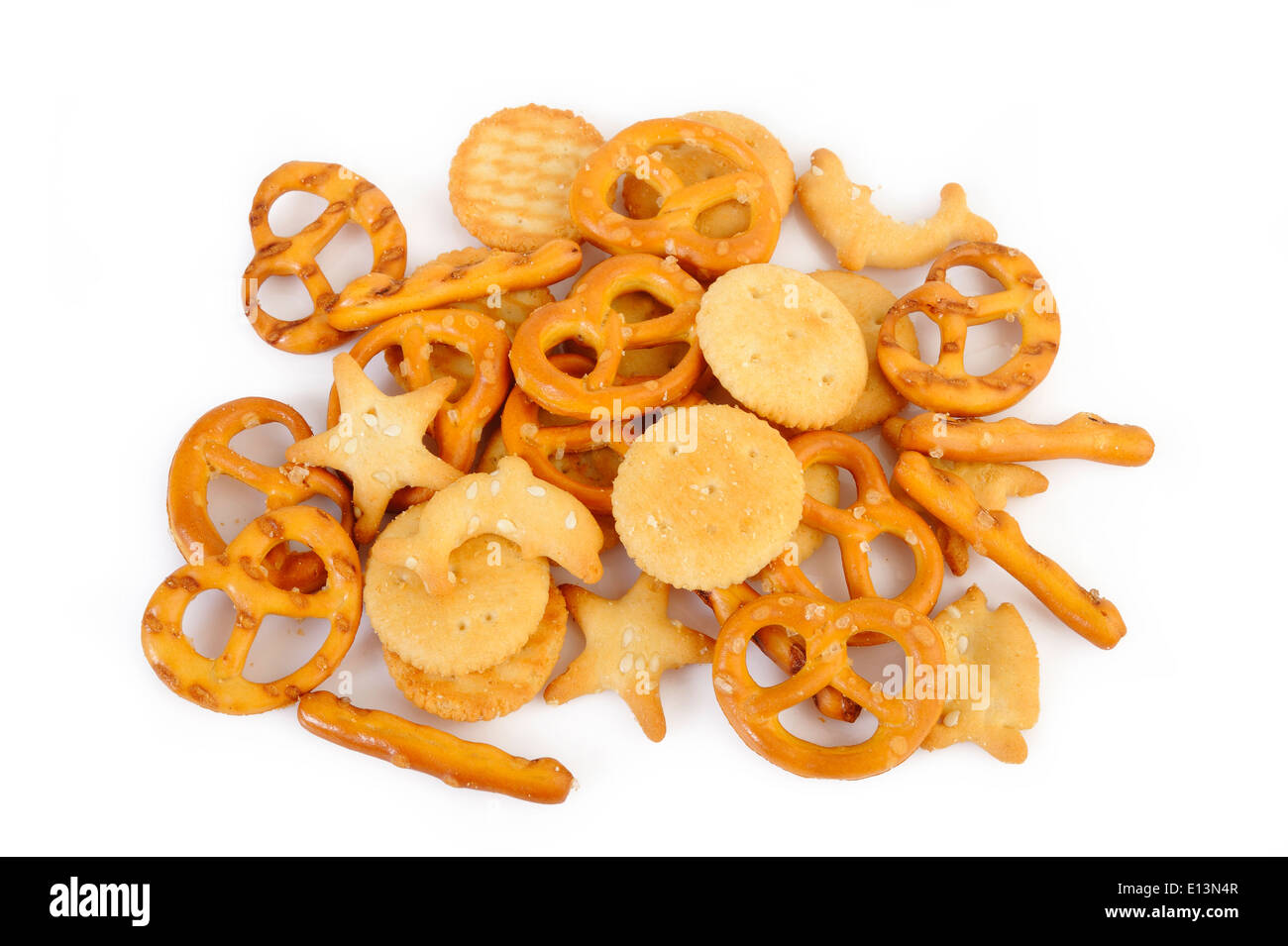mixed crackers on white background Stock Photo