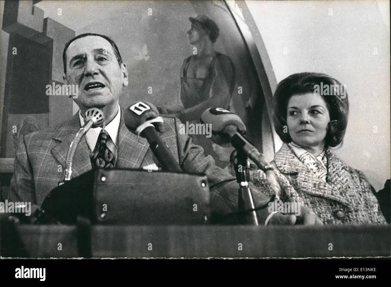 Mar. 22, 2012 - Recent picture of the ex President of Argentina General Juan Domingo Peron and his wife Isabel Martinez de Peron when visiting both the C.G.T. (workers central office) on August 4th 1973. - As it is know both should be the official presidential candidates for the forthcoming election in Argentina September next. Stock Photo