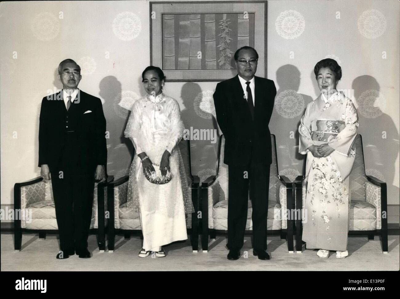 Mar. 22, 2012 - General Ne Win received by Emperor: Gen. Ne win, chairman of the Burmese Revolutionary council, accompanied by his wife are received by the Emperor and Empress at the Imperial Palace, Tokyo. The Burmese General is visiting Japan as a guest of the Japaneses Government to attend Burma's National Day events at Expo '70. Photo shows (from left to right) Emperor, Madame Ne Win, General Ne Win, and Empress, at the Imperial Palace, Tokyo. Stock Photo