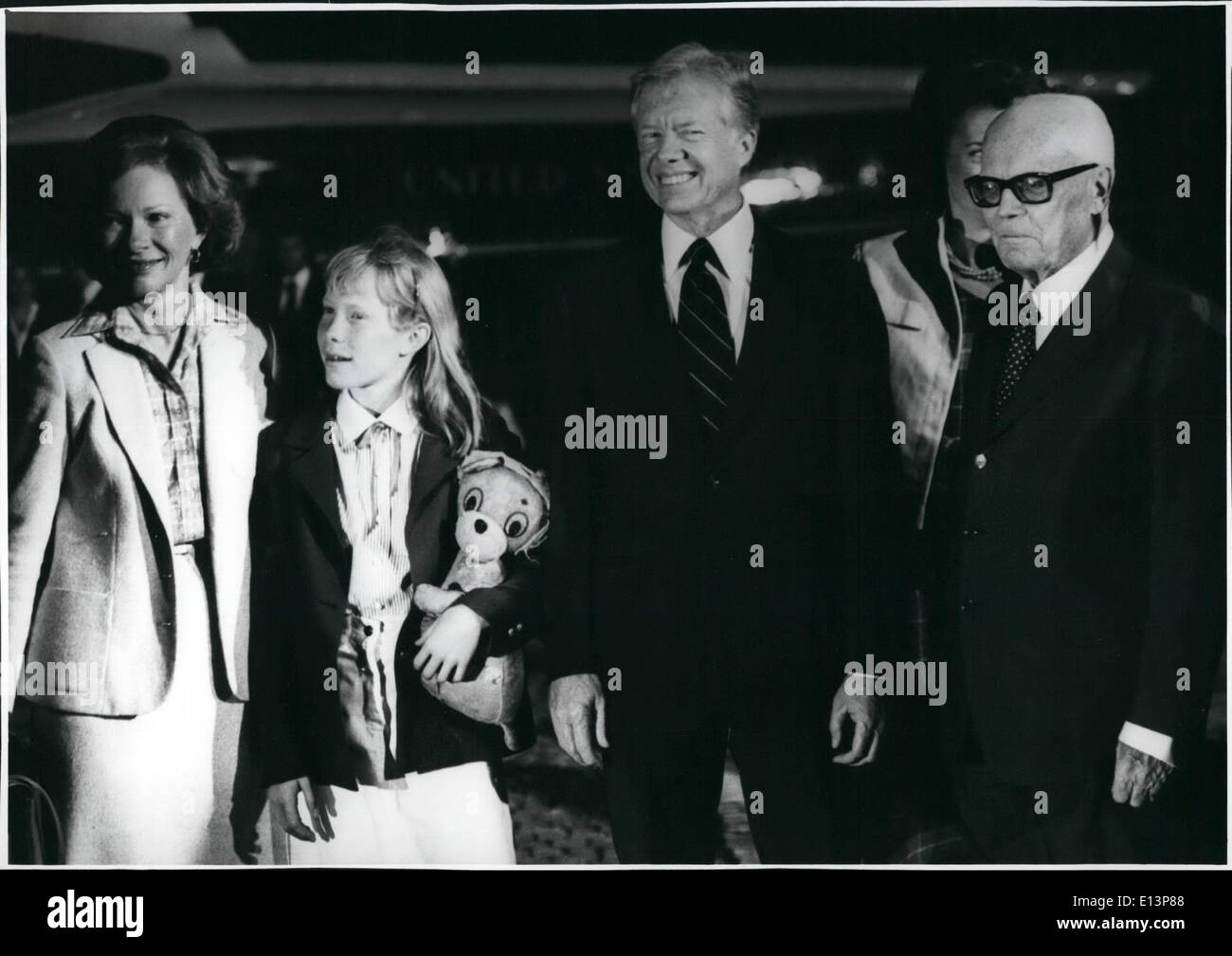 Mar. 22, 2012 - The Carter family are met by President Sandro Pertini on their night arrival by Helicopter which landed in the park of the Quirinali palace where the Carter's will stay while in Rome. Amy Carter carried her ''Snoopy'' on the flight from Washington D.C. Stock Photo