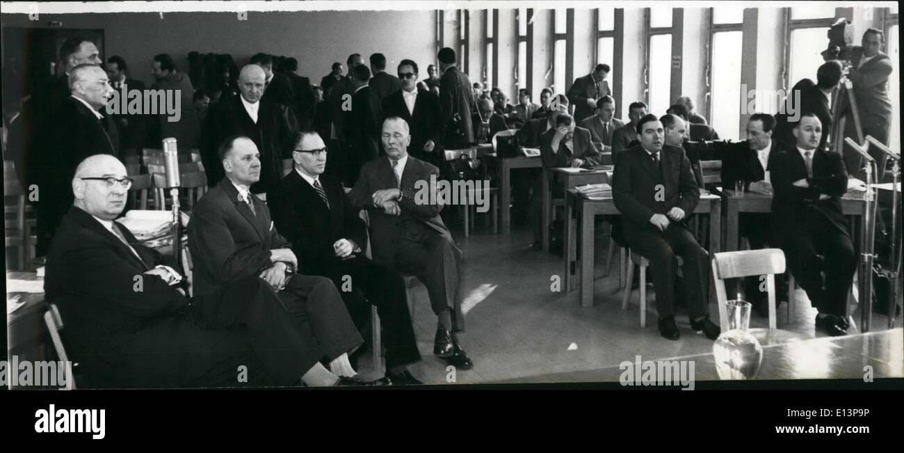 Mar. 22, 2012 - Several members of the former German Waffen-SS were trialed today (12.3.1958) before the Schwurgericht at Nuremberg. The went free on October 19th, 1955 but today they were trialed again. Photo Shows them at the Nuremberg court. From left to right: Former Waffen-SS Central Lt. Max Simon (59) Sturmbannfuhrer of Waffen-SS Friedrich Gottschalk, former Major Ernst Otto, Dr. Esser, former Hauptsturm-fuhrer Ernst smolk and Moschel. Stock Photo