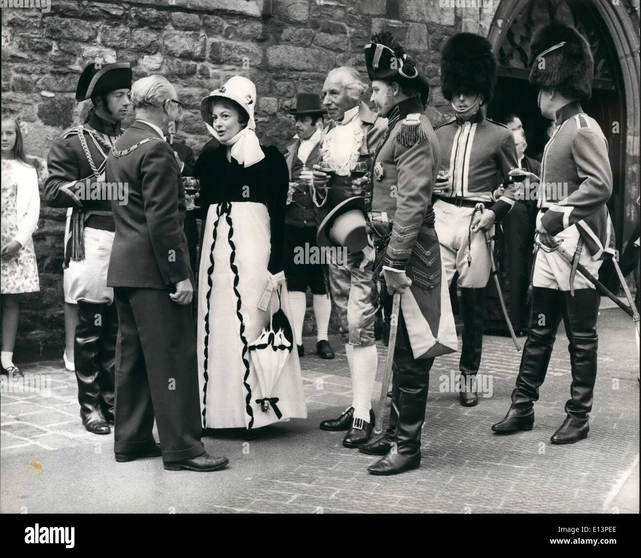 Mar. 22, 2012 - Olivia de Havilland chats to dignitary and locals dressed as dragoons while they all took refreshment in a break during the daylong procession. Stock Photo