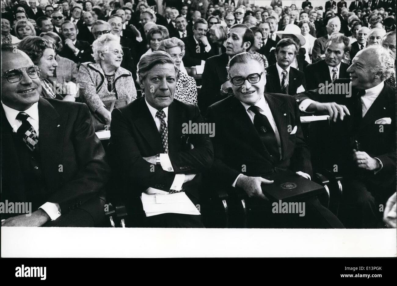 Mar. 22, 2012 - US Vice-President Nelson Rockefeller Visited Frankfurt And Berlin For two days now the American Vice-President Nelson Rockefeller - accompanied by his wife ''Happy'' - came into the Federal Republic of Germany. He visited Berlin and also Frankfurt/Main, where in the famous Paulskirche was held an anniversary-ceremony because of the United States of America. OPS: Helmut Kohl, nominated Chancellor-candidate of the CDU/CSU, Chancellor Helmut Schmidt, US Vice-President Nelson Rockefeller and the President of the Federal Republic of Germany, Walter Scheel, (f. l Stock Photo