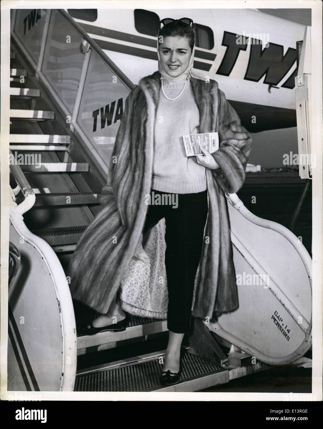 Mar. 27, 2012 - songbird, Anna Maria Alberghetti is shown she arrived here this morning via TWA from Los Angeles for a television appearance. She leaves next week for havana to appear at a hotel there Stock Photo