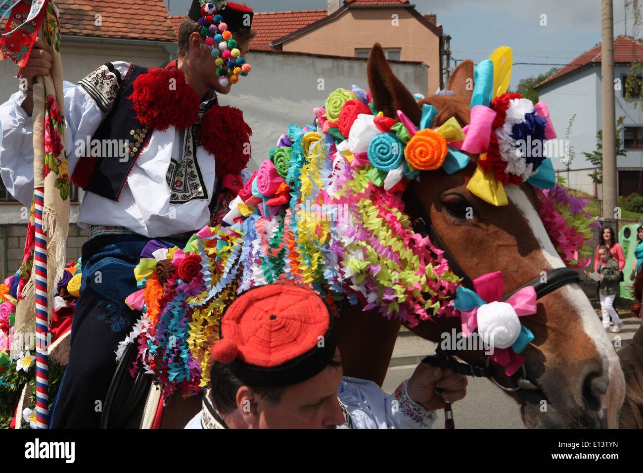The Ride of the Kings. Traditional folklore festival in Vlcnov, Czech Republic. Young man perform the Recruit. Stock Photo