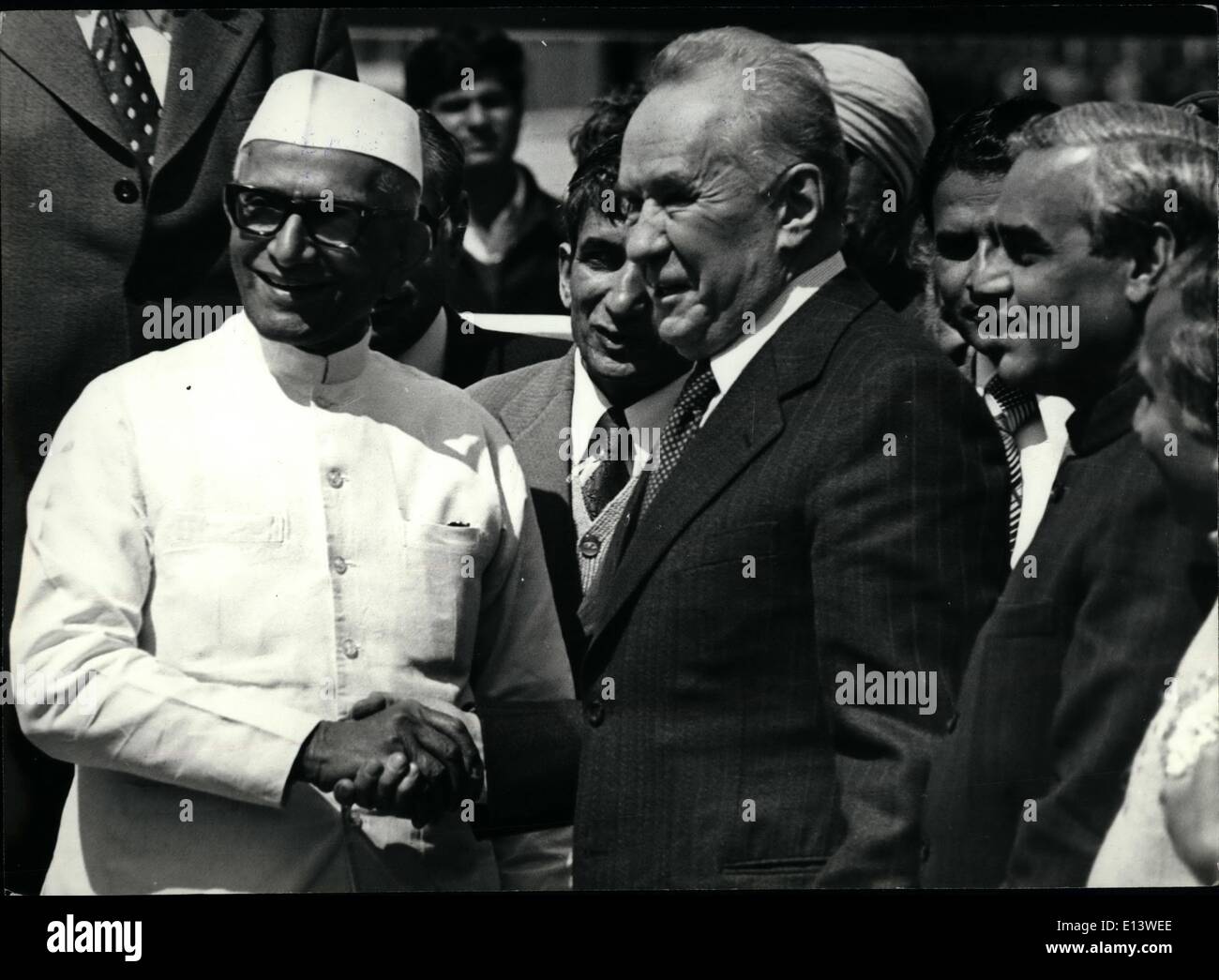Mar. 27, 2012 - Chairman of the USSR Council of Ministers Mr. Alexia Kosygin being received by Prime Minister Mr. Morarji Desai, on his arrival at Palam Airport in New Delhi on Friday - March 9, 1979. External Affairs Minister Mr. A.B. Vajpayee is seen on right. Stock Photo