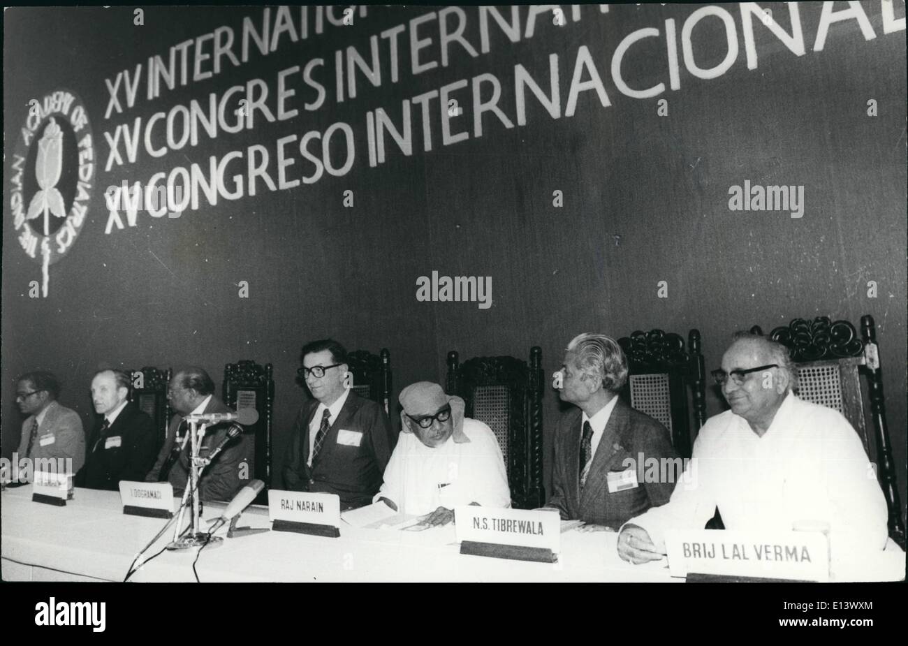 Mar. 27, 2012 - XV international Congress of Pediatrics was inaugurated by union Health Minister Mr. Raj Narain at indoor Stadium at Talkatora Gardens in New Delhi on Sunday - October 23, 1977. Our picture shows Mr. Raj Narain (3rd from right) Union Communication minister Mr. Brijlal Verma (extreme right) and Dr. Iran Dogramaci (4th from right) President of the International Pediaatrics Association. Stock Photo