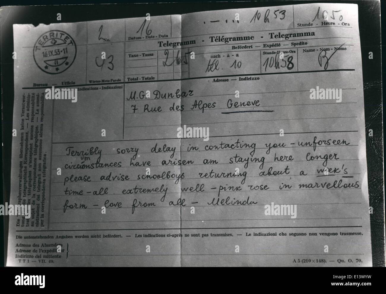 Mar. 27, 2012 - ''(Illegible)'' Of Macleans orginal of the telegram sent from Territet to Mrs ''(Illegible)'' Dunbar, Mrs. Maclean's mother, in Geneva. It is ved to be a forgery and although signed ''melinda'' ''(Illegible)'' in Mrs. Maclean's handwriting. Stock Photo