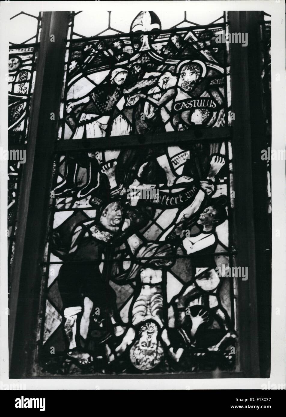 Mar. 27, 2012 - Nazi Leaders As Tortuteres - In Stained Glass Window: The Munich painter Karl Lacher has produced a unique stained glass window for the Labndshut Matinmuenster. The window symbolises the martydom of St. Kastulus,. The torturers bear the futures of Hitler (top-left); Gorring (below-left) and Goebbels. Karl; Lacher produced this window originally in 1946 - he belonged to the resistance movement. Now that the restoration of the Martinsmeunster is complete - the window has been 're-discovered' Stock Photo